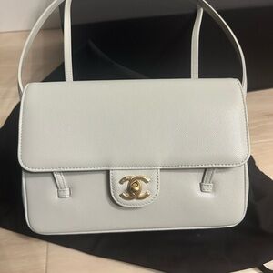 CHANEL Light green/grey Leather Shoulder Bag with Gold Logo
